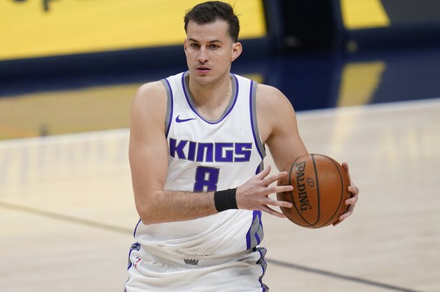 Sacramento Kings forward Nemanja Bjelica (8) in the second half of an NBA basketball game Wednesday, Dec. 23, 2020, in Denver. The Kings won 124-122 in overtime. (AP Photo/David Zalubowski)