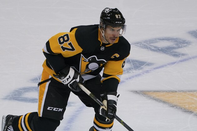 Pittsburgh Penguins' Sidney Crosby skates during the first period of an NHL hockey game against the New York Rangers in Pittsburgh, Friday, Jan. 22, 2021. (AP Photo/Gene J. Puskar)