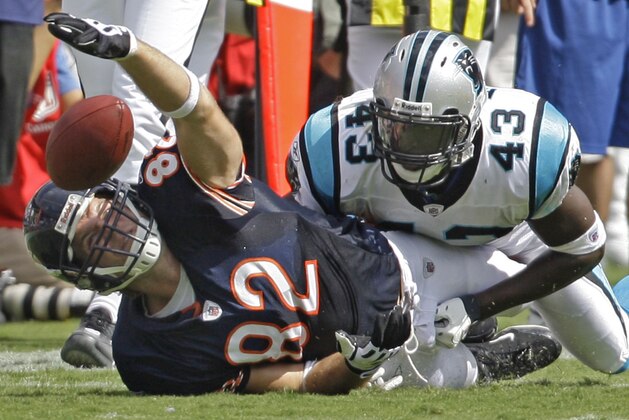 Chicago Bears' Greg Olsen (82) loses the ball after being hit by Carolina Panthers' Chris Harris (43) during the third quarter of the Panthers' 20-17 win in an NFL football game in Charlotte, N.C., Sunday, Sept. 14, 2008. The Panthers recovered the fumble. (AP Photo/Chuck Burton)