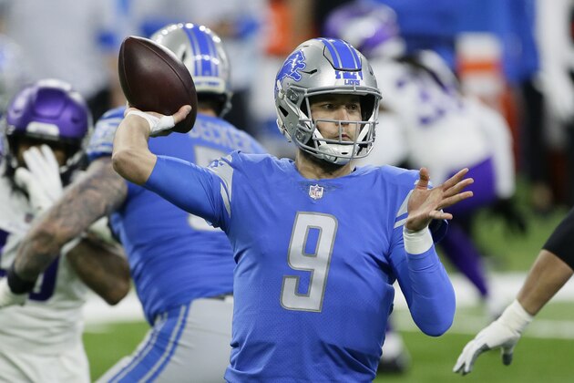 Detroit Lions quarterback Matthew Stafford throws during the first half of an NFL football gameagainst the Minnesota Vikings, Sunday, Jan. 3, 2021, in Detroit. (AP Photo/Duane Burleson)