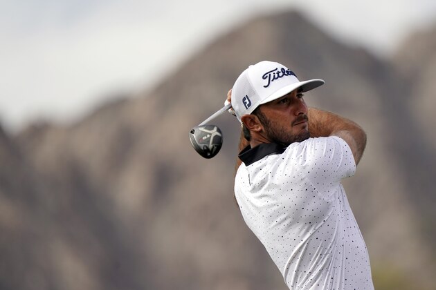 Max Homa hits from the first tee during the third round of The American Express golf tournament on the Pete Dye Stadium Course at PGA West Saturday, Jan. 23, 2021, in La Quinta, Calif. (AP Photo/Marcio Jose Sanchez)