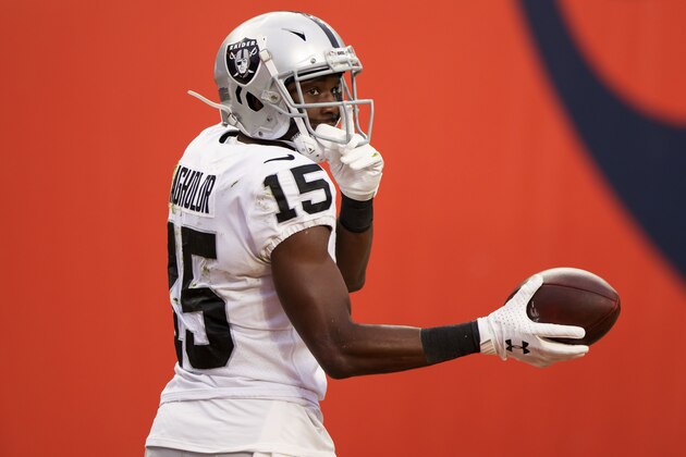 Las Vegas Raiders wide receiver Nelson Agholor (15) reacts to a touchdown being being called back for a penalty against the Denver Broncos during the first half of an NFL football game, Sunday, Jan.. 3, 2021, in Denver. (AP Photo/Justin Edmonds)