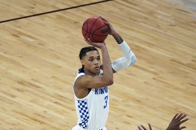 Kentucky guard Brandon Boston Jr. (3) shoots the ball during the second half of an NCAA college basketball game against Mississippi State in Starkville, Miss., Saturday, Jan. 2, 2021. Kentucky won in double overtime, 78-73. (AP Photo/Rogelio V. Solis)
