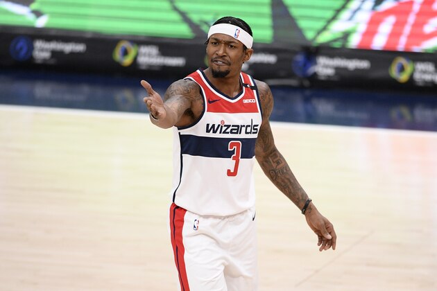 Washington Wizards guard Bradley Beal (3) reacts during the first half of an NBA basketball game against the Chicago Bulls, Tuesday, Dec. 29, 2020, in Washington. (AP Photo/Nick Wass)
