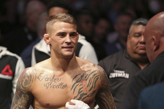 Dustin Porier is seen before his bout with Eddie Alvarez in a mixed martial arts bout at UFC 211 on Saturday, May 13, 2017, in Dallas. The fight was ruled a no contest after an accidental foul. (AP Photo/Gregory Payan)