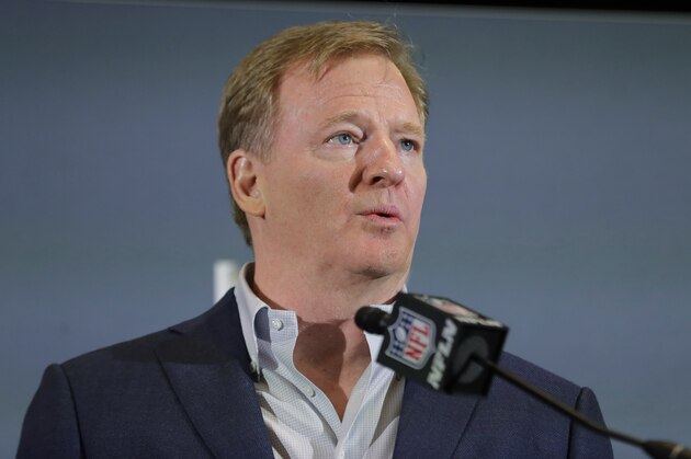 FILE - In this Feb. 3, 2020 file photo NFL Commissioner Roger Goodell speaks during a news conference in Miami. The NFL has set protocols for reopening team facilities and has told the 32 teams to have them in place by May 15. In a memo sent by Goodell and obtained Wednesday, May 6, 2020 by The Associated Press, several phases of the protocols were laid out. The first phase would involve a limited number of non-player personnel, initially 50 percent of the non-player employees (up to a total of 75) on any single day, being approved to be at the facility. But state or local regulations could require a lower number. (AP Photo/Brynn Anderson, file)