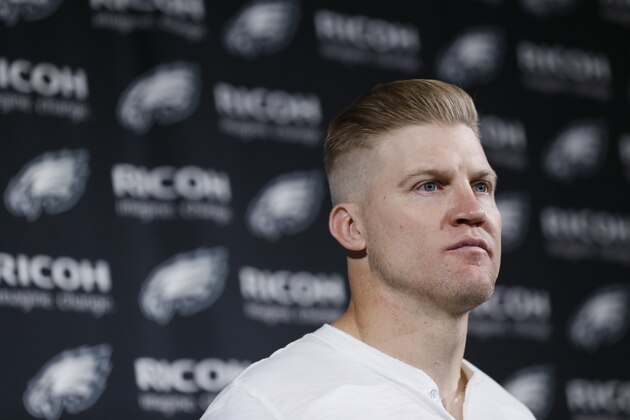 FILE - In this Jan. 5, 2020, file photo, Philadelphia Eagles' Josh McCown speaks during a news conference after an NFL wild-card playoff football game in Philadelphia. In 2002 the Houston Texans were an expansion team preparing for their first season and McCown had just wrapped up his college career at nearby Sam Houston State. Nineteen seasons and nine teams later the quarterback finally got his wish when he signed with the Texans this month to be their third quarterback behind Deshaun Watson and AJ McCarron. (AP Photo/Michael Perez, File)