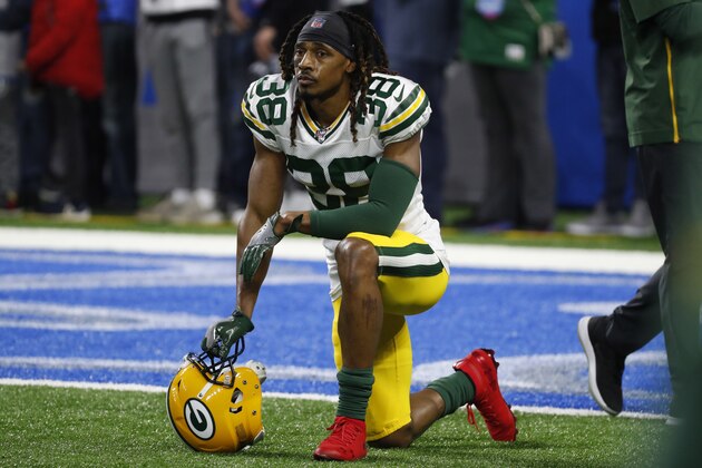 Green Bay Packers cornerback Tramon Williams is seen during pregame of an NFL football game against the Detroit Lions, Sunday, Dec. 29, 2019, in Detroit. (AP Photo/Rick Osentoski)