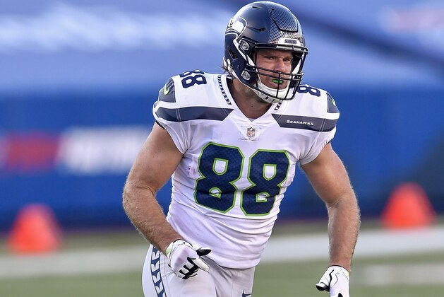 Seattle Seahawks tight end Greg Olsen (88) runs a route against the Buffalo Bills during the second half of an NFL football game, Sunday, Nov. 8, 2020, in Orchard Park, N.Y. (AP Photo/Adrian Kraus)
