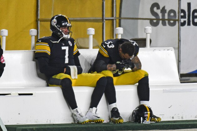 Pittsburgh Steelers quarterback Ben Roethlisberger (7) sits on the bench next to center Maurkice Pouncey (53) following a 48-37 loss to the Cleveland Browns in an NFL wild-card playoff football game in Pittsburgh, Sunday, Jan. 10, 2021. (AP Photo/Don Wright) Pittsburgh Steelers quarterback Ben Roethlisberger (7) sits on the bench next to center Maurkice Pouncey (53) following a 48-37 loss to the Cleveland Browns in an NFL wild-card playoff football game in Pittsburgh, Sunday, Jan. 10, 2021. (AP Photo/Don Wright)