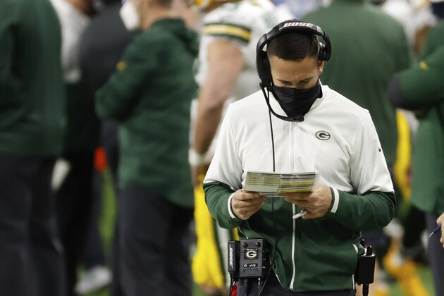 Green Bay Packers head coach Matt LaFleur asl in the first half against the Detroit Lions during an NFL football game, Sunday, Dec. 13, 2020, in Detroit. (AP Photo/Rick Osentoski)