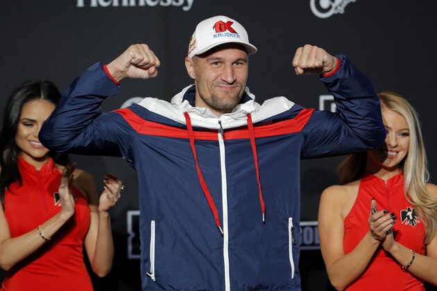 Sergey Kovalev poses for photographers during a ceremonial arrival for an upcoming boxing match Tuesday, Oct. 29, 2019, in Las Vegas. Kovalev is scheduled to fight Canelo Alvarez in a WBO light heavyweight title bout Saturday in Las Vegas. (AP Photo/John Locher)
