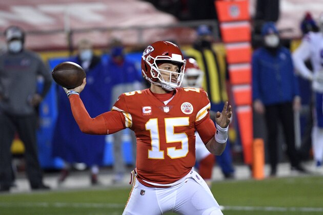 Kansas City Chiefs quarterback Patrick Mahomes throws a pass during the second half of the AFC championship NFL football game against the Buffalo Bills, Sunday, Jan. 24, 2021, in Kansas City, Mo. (AP Photo/Reed Hoffmann)