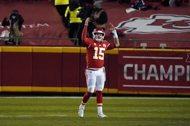 Kansas City Chiefs quarterback Patrick Mahomes celebrates at the end of the AFC championship NFL football game against the Buffalo Bills, Sunday, Jan. 24, 2021, in Kansas City, Mo. The Chiefs won 38-24. (AP Photo/Jeff Roberson)