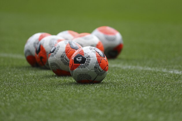 Balls on the field ahead of the English Premier League soccer match between Aston Villa and Chelsea at the Villa Park stadium in Birmingham, England, Sunday, June 21, 2020. (Cath Ivill/Pool via AP)