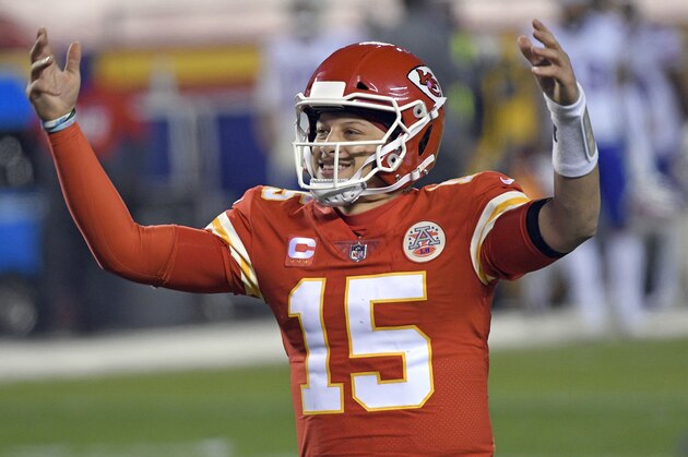 Kansas City Chiefs quarterback Patrick Mahomes celebrates at the end of the AFC championship NFL football game against the Buffalo Bills, Sunday, Jan. 24, 2021, in Kansas City, Mo. The Chiefs won 38-24. (AP Photo/Reed Hoffmann)
