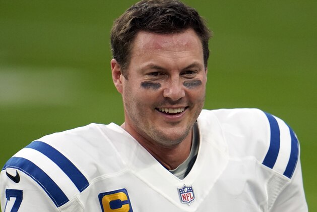 Indianapolis Colts quarterback Philip Rivers #17 is seen on the sideline during the second quarter against the Las Vegas Raiders in an NFL football game, Sunday, Dec. 13, 2020, in Las Vegas. (AP Photo/Jeff Bottari)