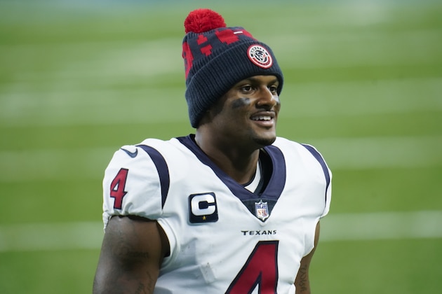 Houston Texans quarterback Deshaun Watson (4) walks to the locker room at halftime during an NFL football game, Thursday, Nov. 26, 2020, in Detroit. (AP Photo/Paul Sancya)