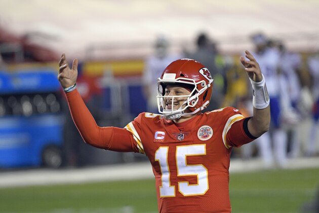 Kansas City Chiefs quarterback Patrick Mahomes celebrates at the end of the AFC championship NFL football game against the Buffalo Bills, Sunday, Jan. 24, 2021, in Kansas City, Mo. The Chiefs won 38-24. (AP Photo/Reed Hoffmann)