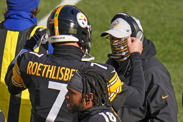 Pittsburgh Steelers quarterback Ben Roethlisberger (7) talks with quarterbacks coach Matt Canada during the first half of an NFL football game against the Indianapolis Colts, Sunday, Dec. 27, 2020, in Pittsburgh. (AP Photo/Gene J. Puskar)