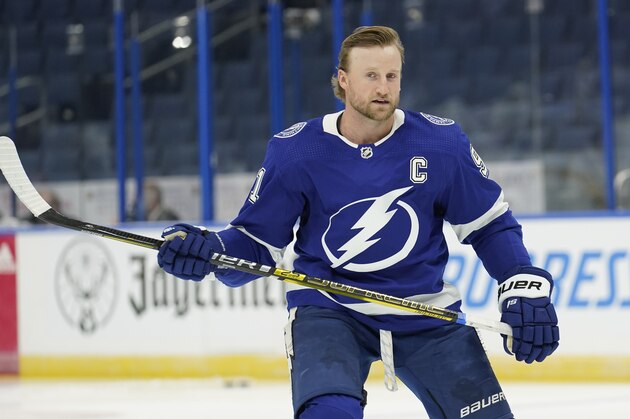 Tampa Bay Lightning center Steven Stamkos (91) before an NHL hockey game against the Chicago Blackhawks Friday, Jan. 15, 2021, in Tampa, Fla. (AP Photo/Chris O'Meara)