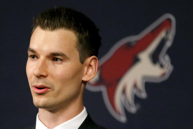 Newly appointed Arizona Coyotes general manager John Chayka speaks at a news conference announcing his promotion, Thursday, May 5, 2016, in Glendale, Ariz. Chayka is the youngest GM in NHL history. (AP Photo/Matt York)