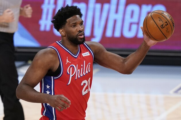 Philadelphia 76ers' Joel Embiid (21) during the first half of an NBA basketball game against the Brooklyn Nets Thursday, Jan. 7, 2021, in New York. (AP Photo/Frank Franklin II)