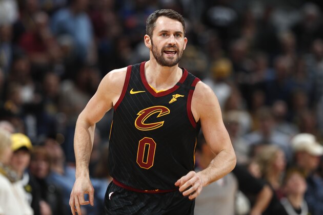 FILE - In this Jan. 11, 2020, file photo, Cleveland Cavaliers forward Kevin Love heads up the court after making a 3-point basket against the Denver Nuggets during the first half of an NBA basketball game in Denver. Love received the Arthur Ashe Award for Courage at the ESPY Awards on Sunday, June 21, 2020, for sparking a national conversation about mental health. (AP Photo/David Zalubowski, File)