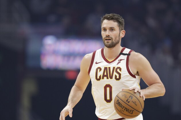 Cleveland Cavaliers' Kevin Love drives against the Miami Heat in the first half of an NBA basketball game, Monday, Feb. 24, 2020, in Cleveland. (AP Photo/Tony Dejak)