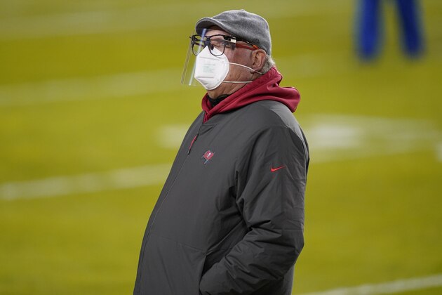 Tampa Bay Buccaneers head coach Bruce Arians before the start of an NFL wild-card playoff football game against the Washington Football Team, Saturday, Jan. 9, 2021, in Landover, Md. (AP Photo/Andrew Harnik)
