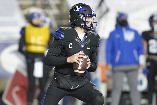 BYU quarterback Zach Wilson (1) looks to pass the ball in the first half, of an NCAA college football game against San Diego State Saturday, Dec. 12, 2020, in Provo, Utah. (AP Photo/George Frey)