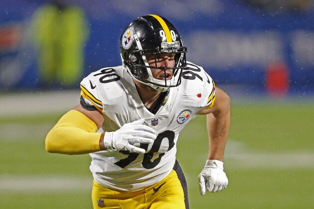 FILE - Pittsburgh Steelers outside linebacker T.J. Watt (90) rushes the passer during the first half of an NFL football game against the Buffalo Bills in Orchard Park, N.Y., in this Sunday, Dec. 13, 2020, file photo. Watt was selected Friday, Jan. 8, 2021, to The Associated Press All-Pro Team. (AP Photo/Jeffrey T. Barnes, File)