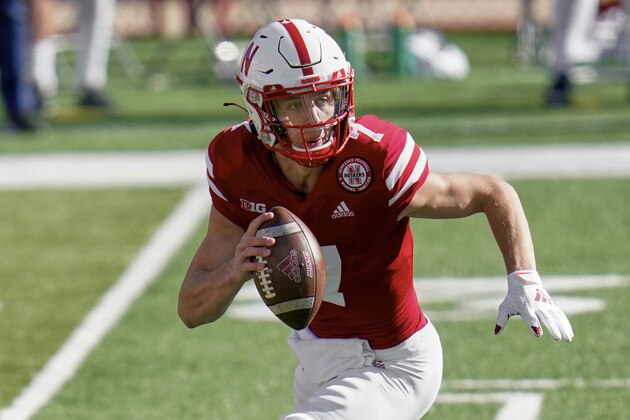 Nebraska quarterback Luke McCaffrey (7) during the first half of an NCAA college football game against Penn State in Lincoln, Neb., Saturday, Nov. 14, 2020. (AP Photo/Nati Harnik)