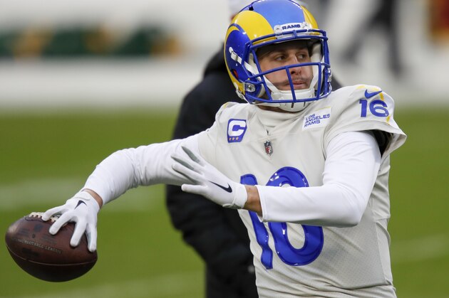 Los Angeles Rams quarterback Jared Goff warms up before an NFL divisional playoff football game against the Green Bay Packers, Saturday, Jan. 16, 2021, in Green Bay, Wis. (AP Photo/Matt Ludtke)
