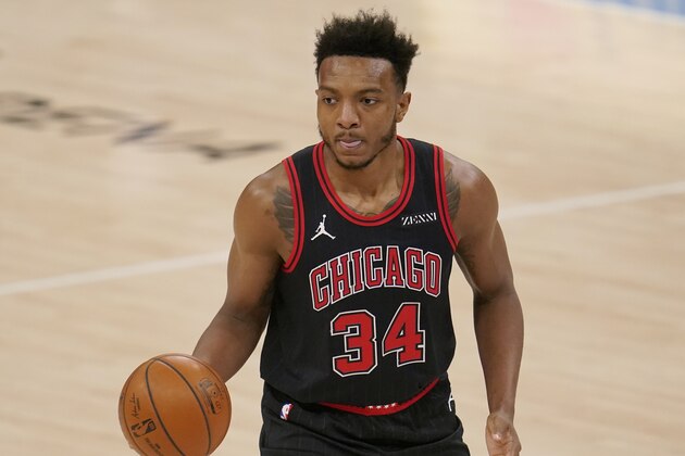 Chicago Bulls center Wendell Carter Jr. (34) during an NBA basketball game against the Oklahoma City Thunder, Friday, Jan. 15, 2021, in Oklahoma City. (AP Photo/Sue Ogrocki)