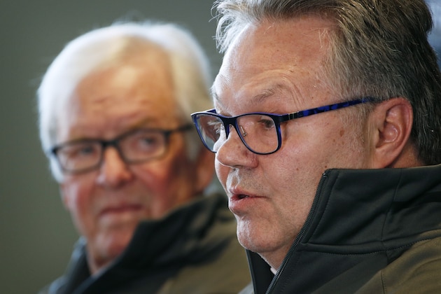 Kelly McCrimmon, right, new general manager of the Vegas Golden Knights hockey team, speaks beside owner Bill Foley at a news conference Thursday, May 2, 2019, in Las Vegas. The Vegas Golden Knights have promoted McCrimmon to general manager and kept George McPhee as president of hockey operations. (AP Photo/John Locher)