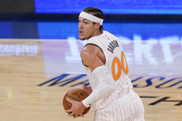 Orlando Magic forward Aaron Gordon (00) during an NBA basketball game, Monday, Jan. 18, 2021, in New York. (AP Photo/Kathy Willens)