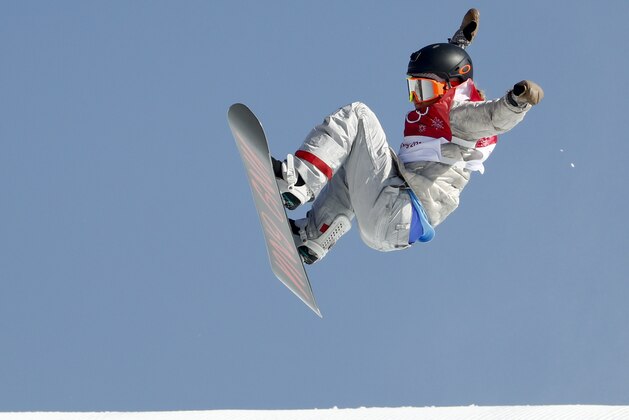 Jamie Anderson, of the United States, jumps during the women's Big Air snowboard final at the 2018 Winter Olympics in Pyeongchang, South Korea, Thursday, Feb. 22, 2018. (AP Photo/Matthias Schrader)