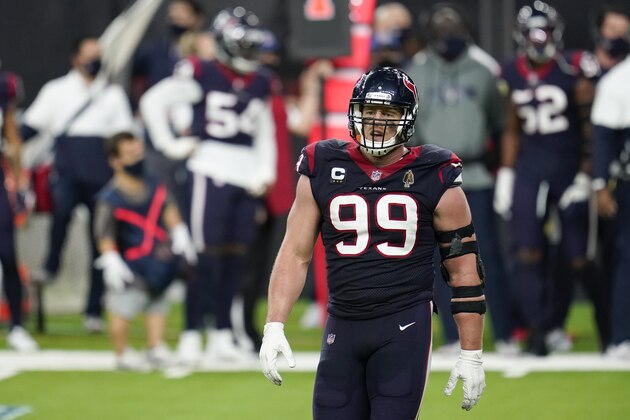Houston Texans defensive end J.J. Watt (99) is seen between plays during an NFL football game against the Tennessee Titans, Sunday, Jan. 3, 2021, in Houston. (AP Photo/Matt Patterson)
