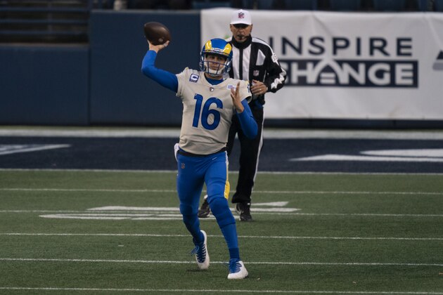 Los Angeles Rams quarterback Jared Goff passes the ball during the second half of an NFL wild-card playoff football game against the Seattle Seahawks, Saturday, Jan. 9, 2021, in Seattle. The Rams won 30-20. (AP Photo/Stephen Brashear)