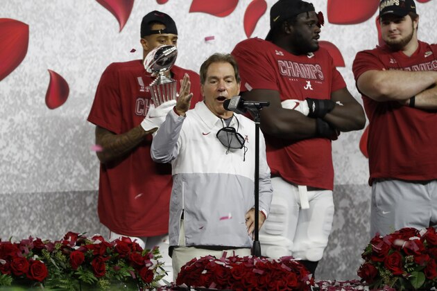 Alabama head coach Nick Saban makes comments after their win against Notre Dame in the Rose Bowl NCAA college football game in Arlington, Texas, Friday, Jan. 1, 2021. (AP Photo/Roger Steinman)