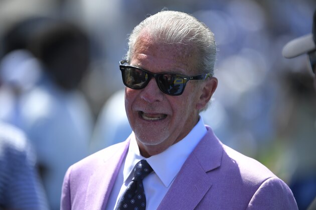James Irsay, owner and CEO of the Indianapolis Colts watches during warm ups before an NFL football game against the Los Angeles Chargers Sunday, Sept. 8, 2019, in Carson, Calif. (AP Photo/Mark J. Terrill)