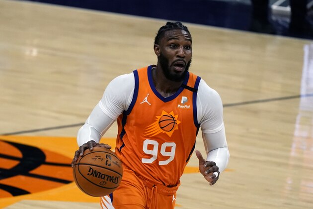 Phoenix Suns forward Jae Crowder (99) during the first half of an NBA basketball game against the Denver Nuggets, Friday, Jan. 22, 2021, in Phoenix. (AP Photo/Rick Scuteri)