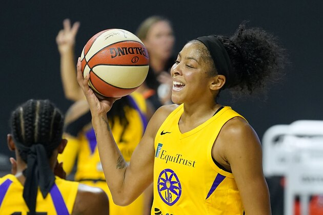 Los Angeles Sparks forward Candace Parker (3) reacts after getting called for a foul during the second half of a WNBA playoff basketball game against the Connecticut Sun Thursday, Sept. 17, 2020, in Bradenton, Fla. (AP Photo/Chris O'Meara)