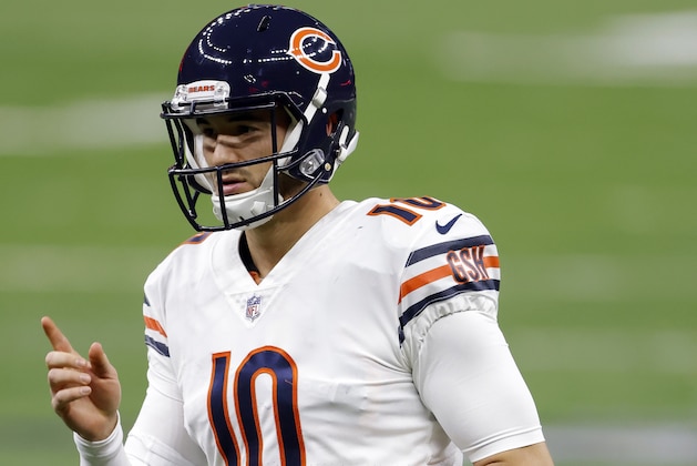 Chicago Bears quarterback Mitchell Trubisky (10) during an NFL wild-card playoff football game against the New Orleans Saints, Sunday, Jan. 10, 2021, in New Orleans. The Saints defeated the Bears 21-9. (AP Photo/Tyler Kaufman)