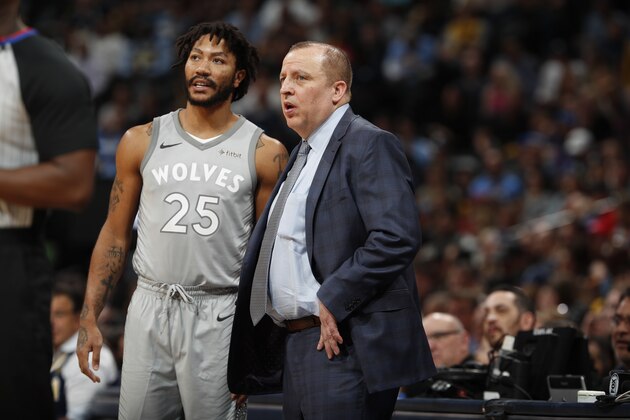 Minnesota Timberwolves guard Derrick Rose (25) ad Minnesota Timberwolves head coach Tom Thibodeau in the second half of an NBA basketball game Thursday, April 5, 2018, in Denver. The Nuggets won 100-96. (AP Photo/David Zalubowski)