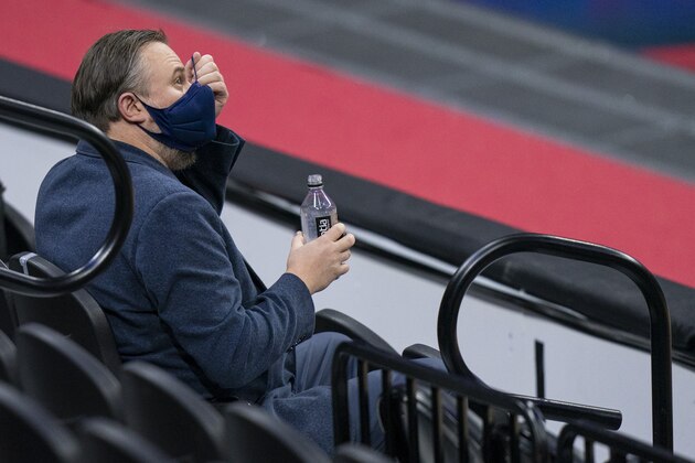 Philadelphia 76ers president Daryl Morey looks on from the stands during the second half of an NBA basketball game against the Denver Nuggets, Saturday, Jan. 9, 2021, in Philadelphia.  (AP Photo/Chris Szagola)