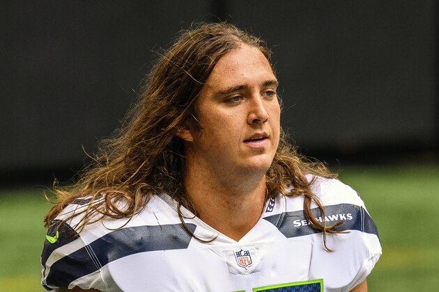 FILE - Seattle Seahawks offensive tackle Chad Wheeler (75) is shown before an NFL football game against the Atlanta Falcons in Atlanta, in this Sunday, Sept. 13, 2020, file photo. The Seattle Seahawks said Wednesday, Jan. 27, 2021, that offensive lineman Chad Wheeler is no longer a member of the team following his arrest last weekend for investigation of domestic violence. (AP Photo/Danny Karnik, File)