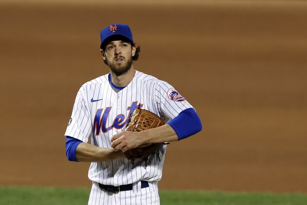 New York Mets pitcher Steven Matz reacts during the first inning of a baseball game against the Atlanta Braves on Friday, Sept. 18, 2020, in New York. (AP Photo/Adam Hunger)