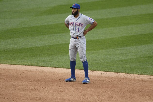 New York Mets shortstop Amed Rosario (1) stands on the field during a baseball game against the Washington Nationals, Sunday, Sept. 27, 2020, in Washington. (AP Photo/Nick Wass)